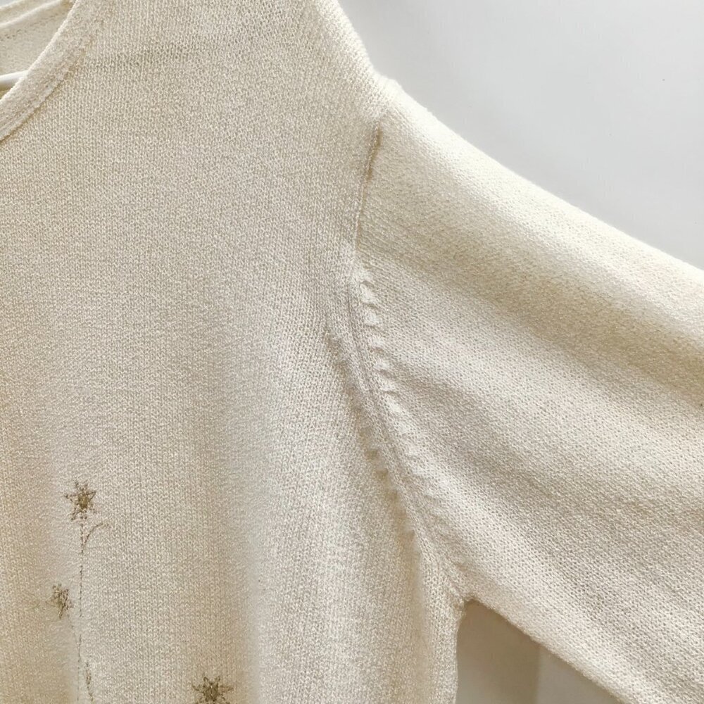 Vintage 1X Winter Flowers Sweater Embroidered Iridescent Sequin Ivory Gold L/S - Picture 7 of 13